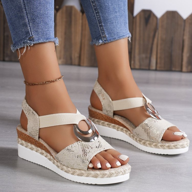 Damen Keil-Sandalen mit Bast-Plateau, elastischem Riemen und Zier-Öse EB