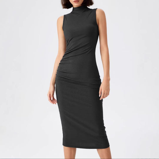 Damen elegantes Midi-Kleid mit figurbetontem Schnitt und hohem Kragen EB