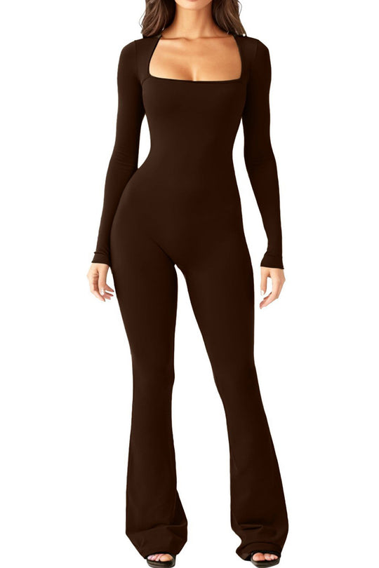 Damen nan figurbetonter Langarm-Jumpsuit mit quadratischem Ausschnitt und ausgestellter Schlaghose EB