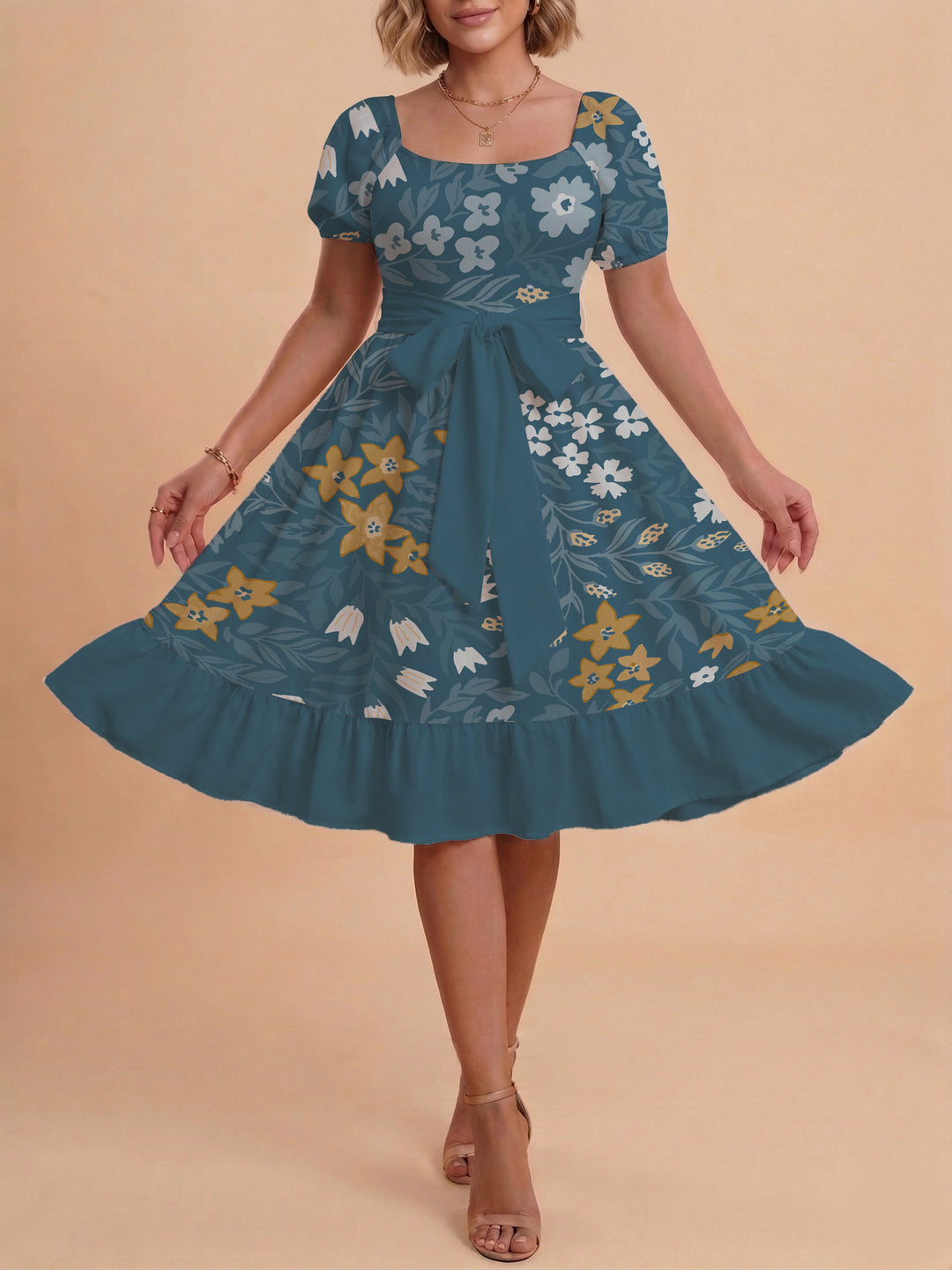 Damen Blumenkleid mit taillierbarem Gürtel und voluminösen Ärmeln EB