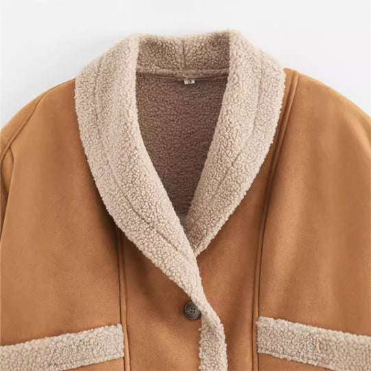Damen Teddyfell Jacke mit elegantem Schalkragen EB
