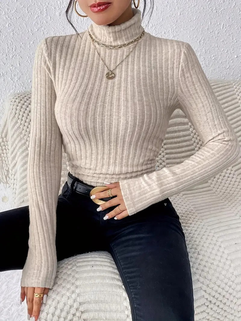 Damen Langarm Rollkragenpullover aus feinem Rippstrick EB