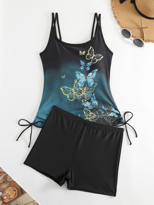 Damen Tankini mit Schmetterlingsmotiv und Badeshorts EB