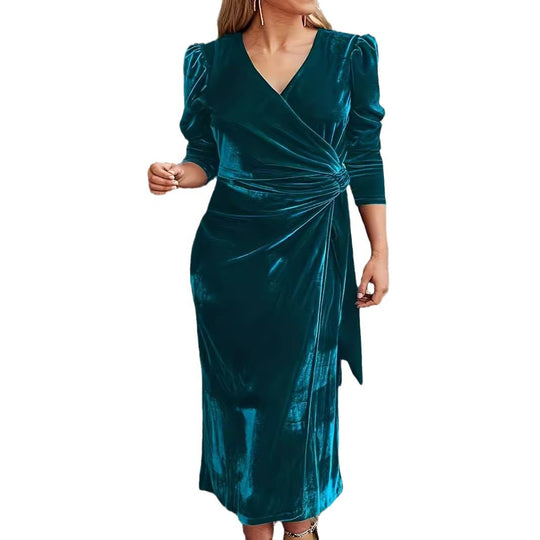 Damen Wickelkleid aus luxuriösem Samt mit strukturierten Puffärmeln und tiefem V-Ausschnitt EB