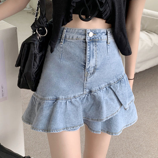 Damen Jeansrock mit voluminösem Rüschensaum und knopfbarem Bund EB