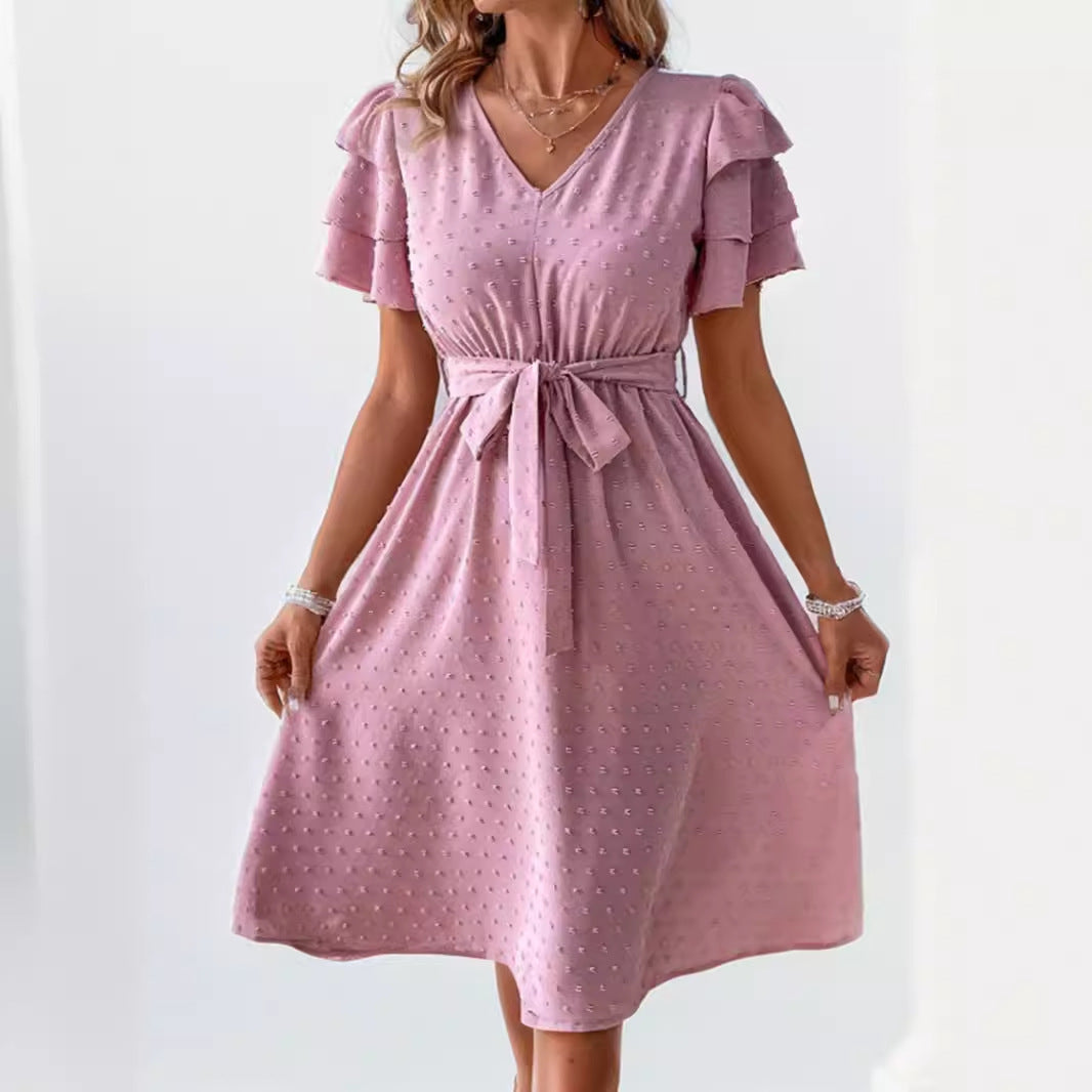Damen Midi-Kleid mit schickem V-Ausschnitt und voluminösen Rüschensäumen EB