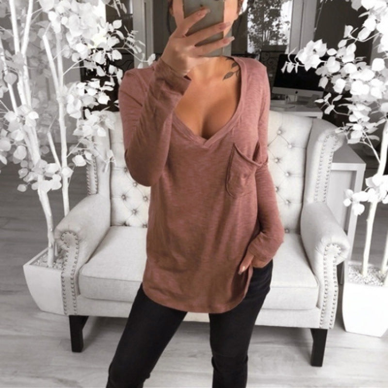 Damen Lässige Oversize Tunika mit V‑Ausschnitt, Brusttasche und verlängertem Saum EB