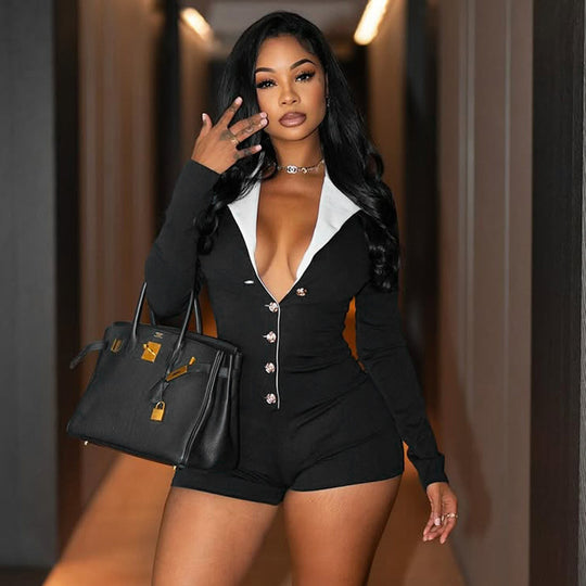 Damen modischer Jumpsuit mit tiefem V-Ausschnitt und eleganter Kragen EB