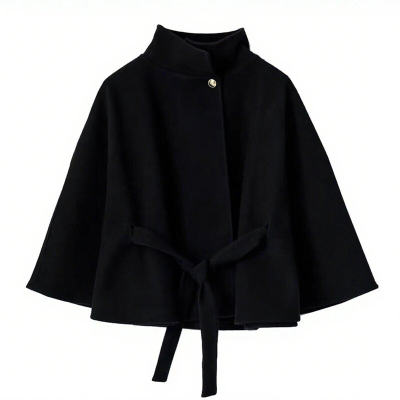 Damen elegante Umhangjacke mit Bindegürtel und hochgeschlossenem Kragen EB