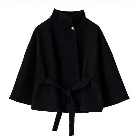 Damen elegante Umhangjacke mit Bindegürtel und hochgeschlossenem Kragen EB