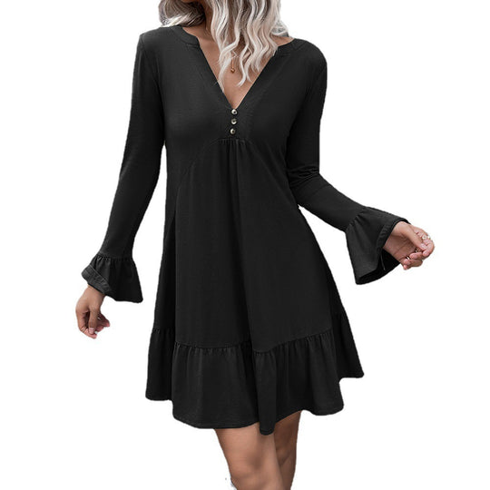 Damen lockeres Kleid mit schmeichelndem V-Ausschnitt und Glockenärmeln EB