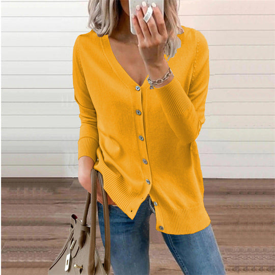 Damen Strickjacke mit Modernen Knopfdetails und Tiefem V-Ausschnitt EB