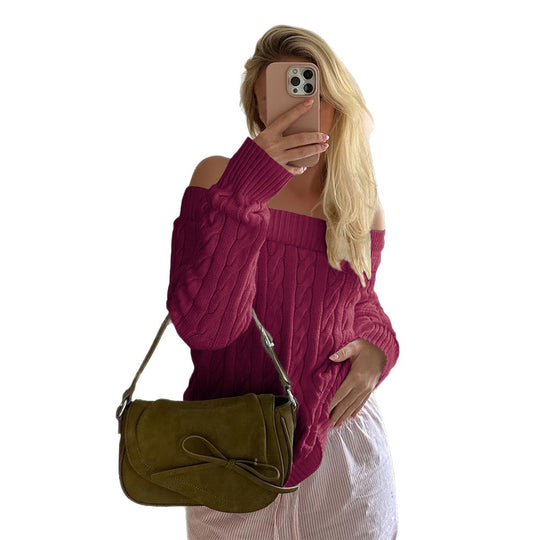Damen nan oversized schulterfreier Zopfstrickpullover mit geripptem Ausschnitt und Ballonärmeln EB