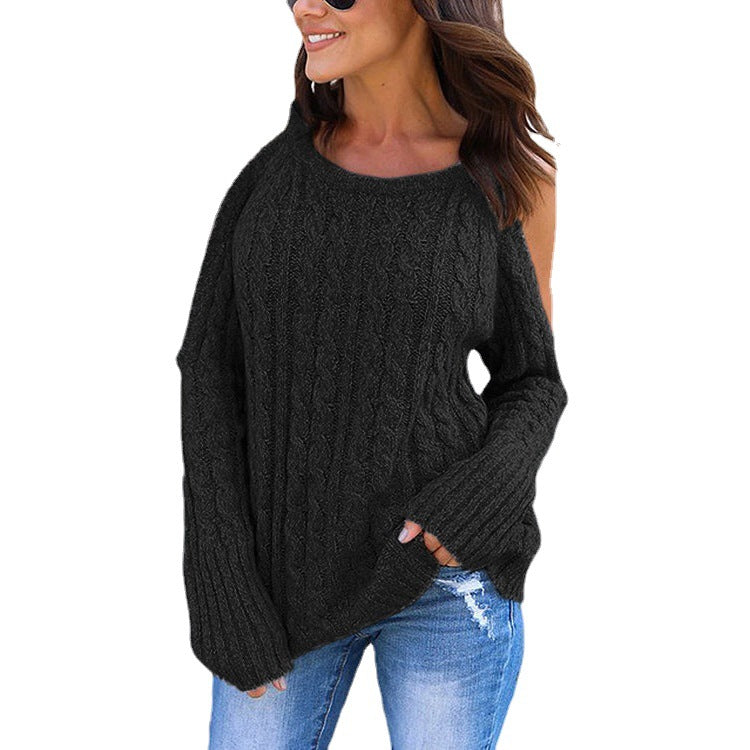 Damen Strickpullover mit offenen Schultern und strukturiertem Zopfmuster EB