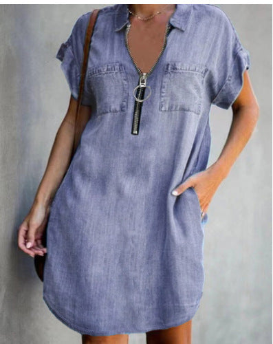 Damen Freizeit Denim-Kleid mit praktischen Taschen und Reißverschluss EB