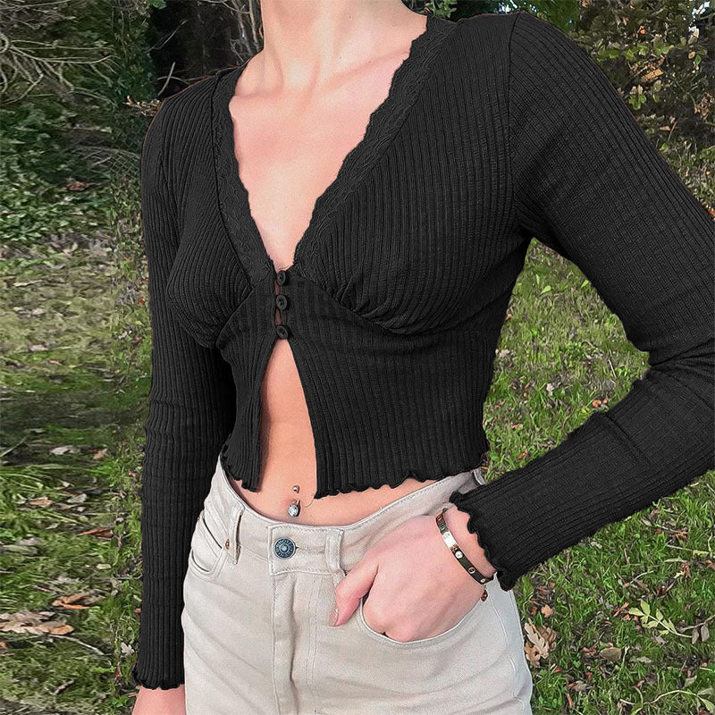 Damen Elegantes figurbetontes Langarmshirt mit Spitzenakzenten EB
