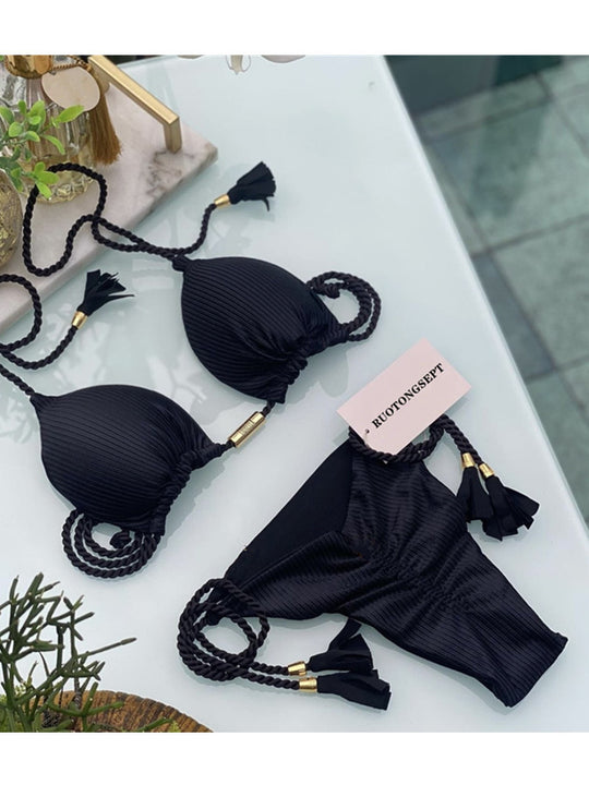 Damen Bikini-Set mit elegantem Leopardenmuster und modischen Quasten EB