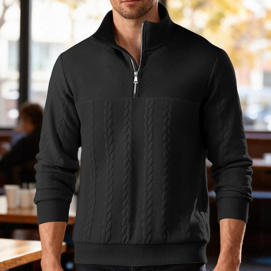 Herren nan texturierter Strickpullover mit Halbzip, geflochtenem Zopfmuster und hohem Stehkragen EB