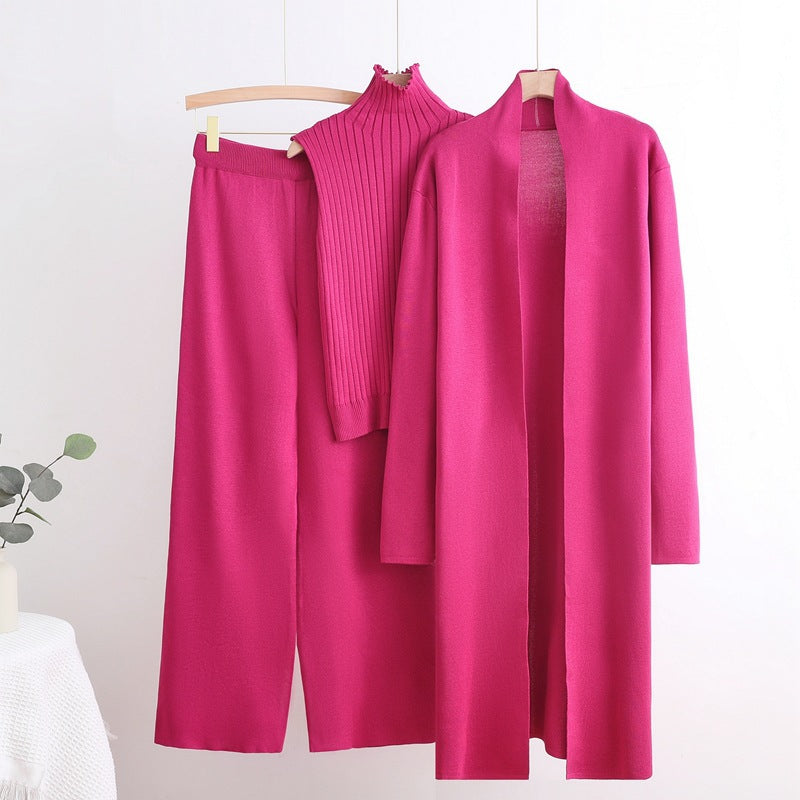 Damen gemütliches Strick-Loungewear-Set mit langem Cardigan und Rippenshirts EB