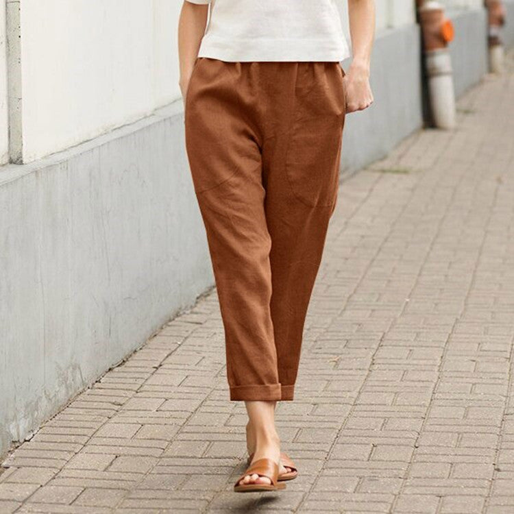 Damen nan leichte Leinenhose mit elastischem Bund, seitlichen Eingrifftaschen und gekrempeltem Saum EB