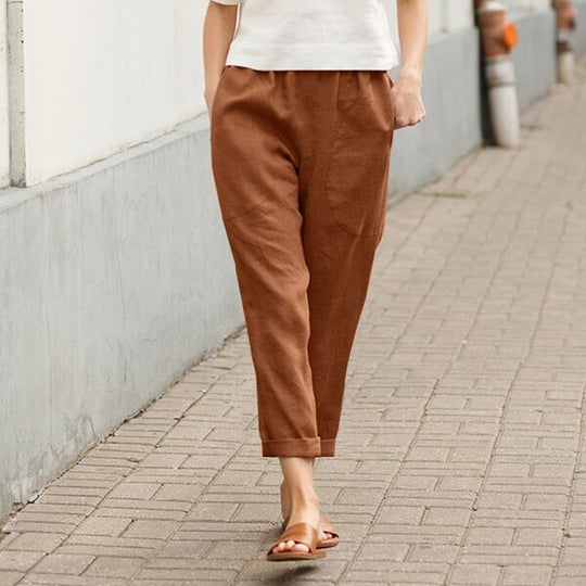 Damen nan leichte Leinenhose mit elastischem Bund, seitlichen Eingrifftaschen und gekrempeltem Saum EB