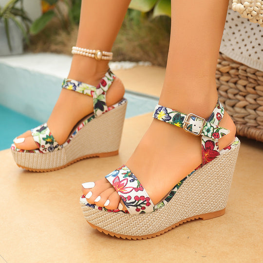 Damen Wedge-Sandalen mit floralem Design und verstellbarem Riemen EB