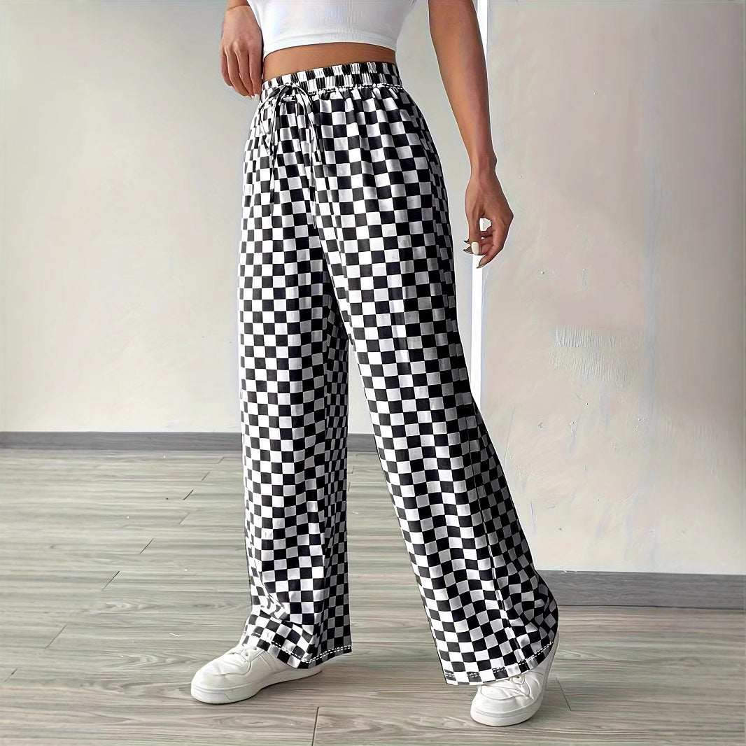 Damen Weite Freizeithose mit kariertem Muster und elastischem Bund EB