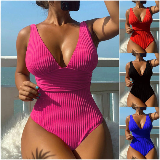 Damen Einteiliger Badeanzug mit figurbetontem Design und tiefem V-Ausschnitt EB