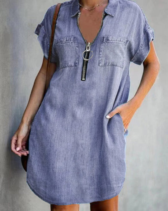 Damen Chambray Kleid mit Reißverschluss und praktischen Taschen EB