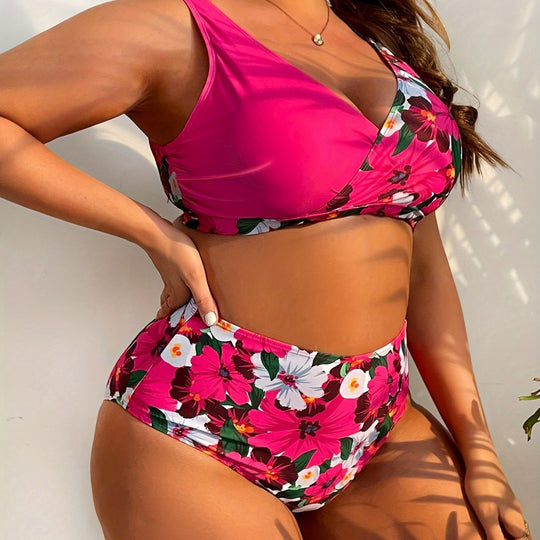Damen nan Bikini-Set große Größen mit geformtem BH, V-Ausschnitt und hochgeschnittenem Taillenslip EB