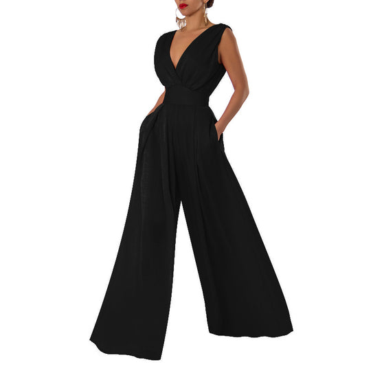 Damen Jumpsuit mit tiefem V-Ausschnitt und weit geschnittenem Bein EB