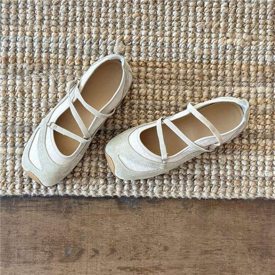 Damen Ballerina-Slipper mit Kreuzriemchen, Wildleder- und Krokostruktur EB