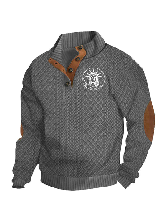 Herren nan Heritage-Strukturpullover mit Stehkragen Lederimitat-Besatz Ellenbogen-Patches und Halbknopfleiste EB