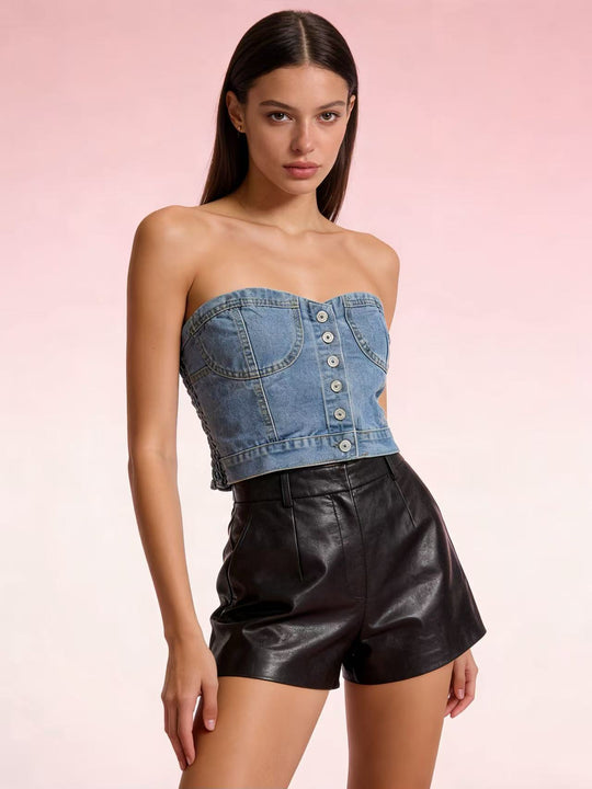 Damen Denim Bustier-Oberteil mit Knopfdetails und tailliertem Schnitt EB