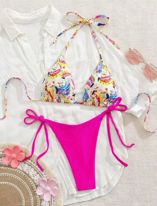 Damen Bikini-Set mit buntem Obstmuster und seitlichem Knoten EB