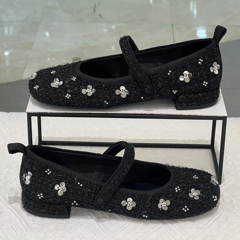 Damen Ballerinas mit floralem Glitzerdesign und verstellbarem Riemen EB