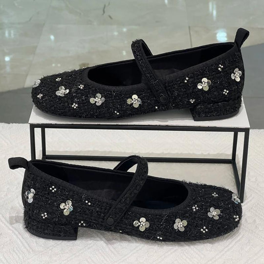 Damen Ballerinas mit floralem Glitzerdesign und verstellbarem Riemen EB