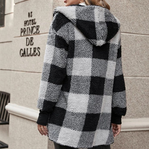 Damen Kuschelige Fleecejacke mit Karomuster und kapuziertem Design EB