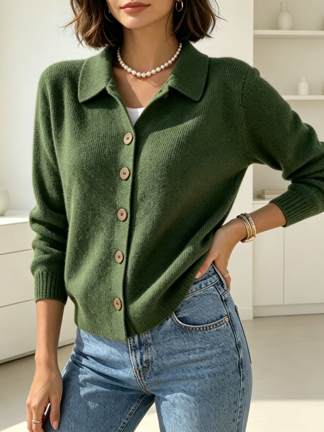 Damen Feinstrick-Cardigan mit Hemdkragen, entspannter Silhouette und Holzknöpfen EB