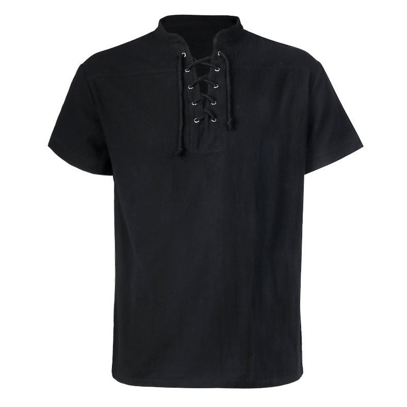 Herren nan lässiges Kurzarmshirt mit geschnürter V-Kehle, kurzem Stehkragen und weichem Baumwollmix Eb