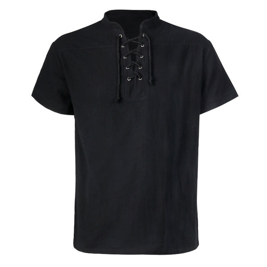 Herren nan lässiges Kurzarmshirt mit geschnürter V-Kehle, kurzem Stehkragen und weichem Baumwollmix Eb