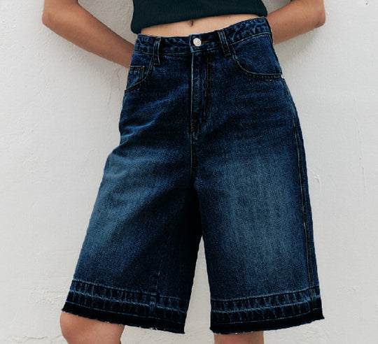 Damen Hoch taillierte Denim-Shorts mit weitem Bein und modischer Struktur EB