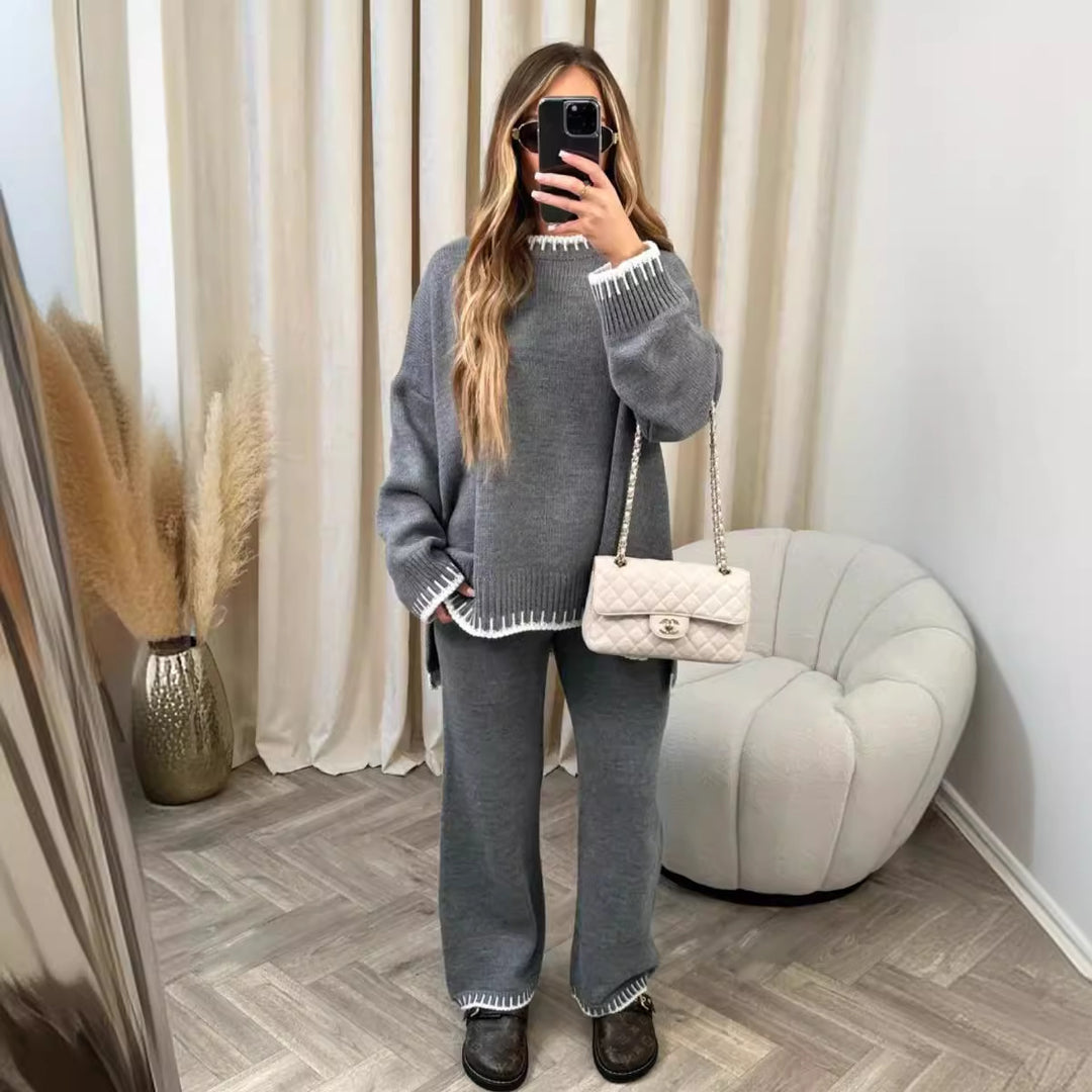 Damen nan lässiger Strick-Hausanzug mit Oversize-Pullover und weiter Strickhose EB