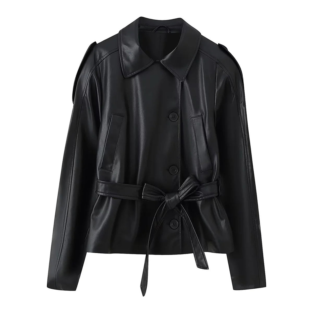 Damen Kunstlederjacke mit eleganten Knopfdetails und Gürteldesign EB