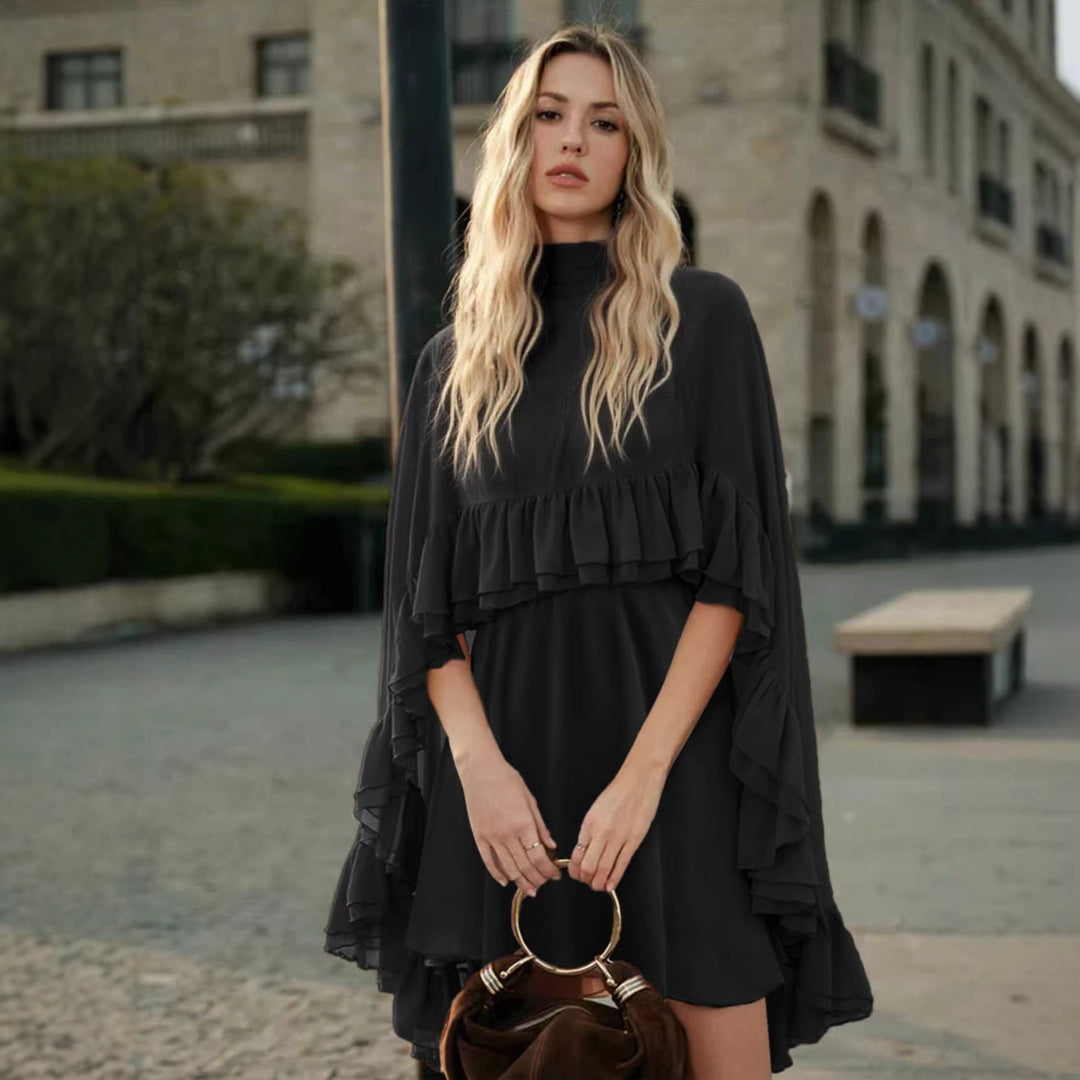 Damen Elegantes Rüschendress mit hochgeschlossenem Ausschnitt und fließendem Schnitt EB