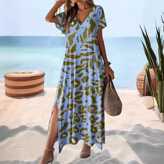 Damen Maxikleid mit tierischem Muster und seitlichem Schlitz EB