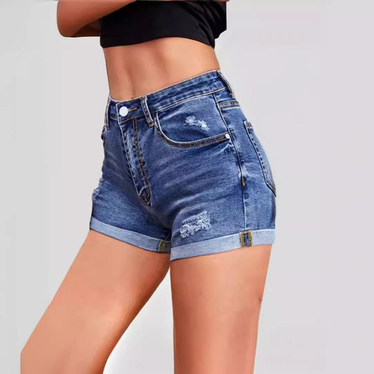 Damen Hoch geschnittene Denim-Shorts mit stylischen Distressed-Details EB