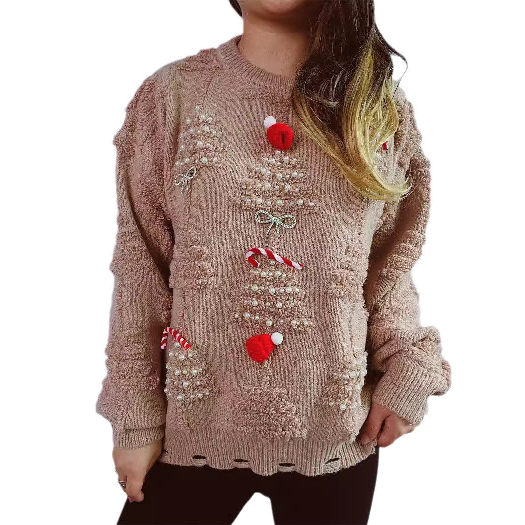 Damen festlicher Pullover mit kreativen Weihnachtsmotiven und strukturiertem Design EB