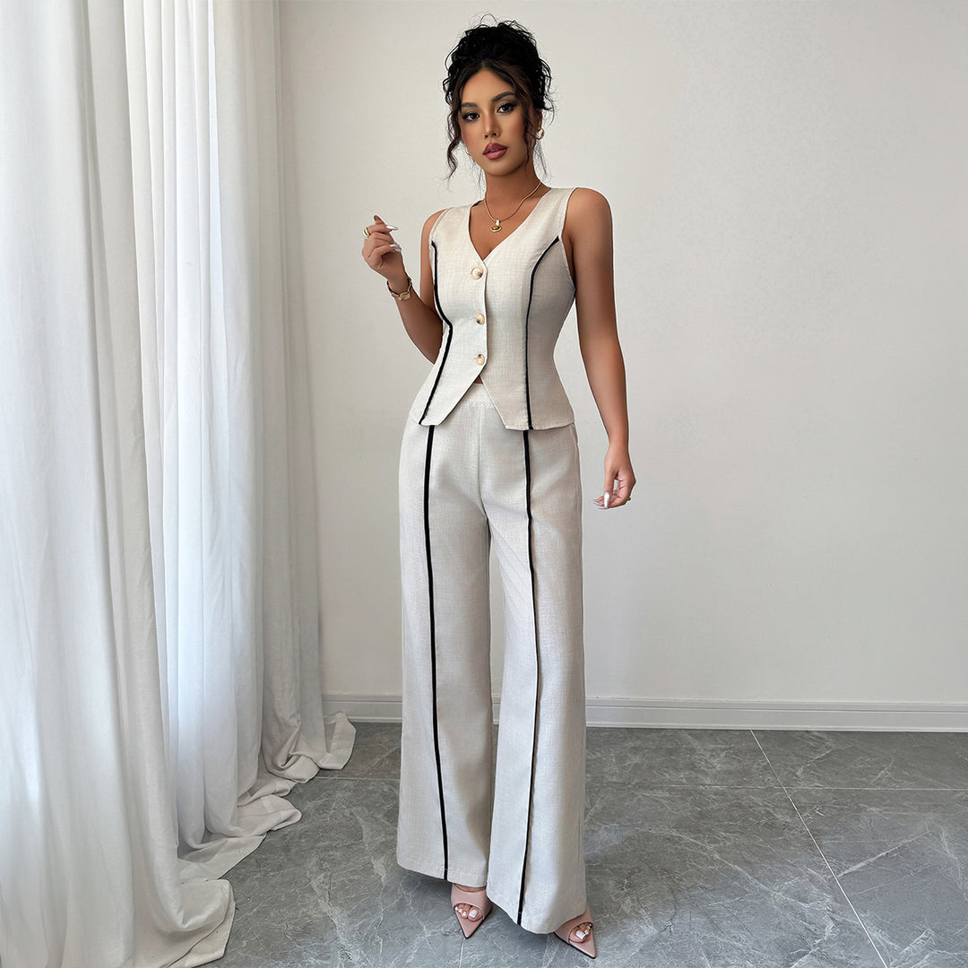 Damen elegante Hose-Anzug mit tailliertem Oberteil und Knopfdetails EB