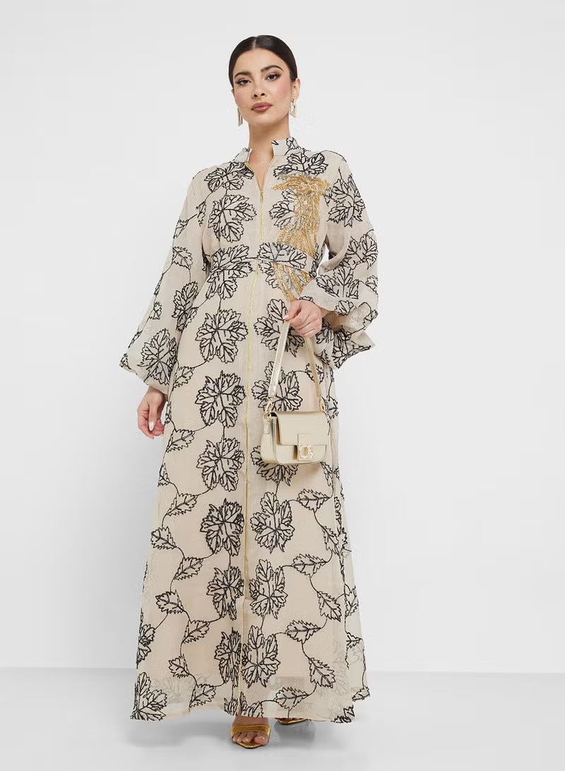 Damen Besticktes Maxikleid im Kaftan-Stil mit Reißverschluss, Taillengürtel und Ballonärmeln EB